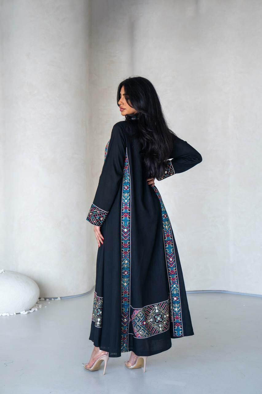 Black linen abaya with colorful hand embroidery