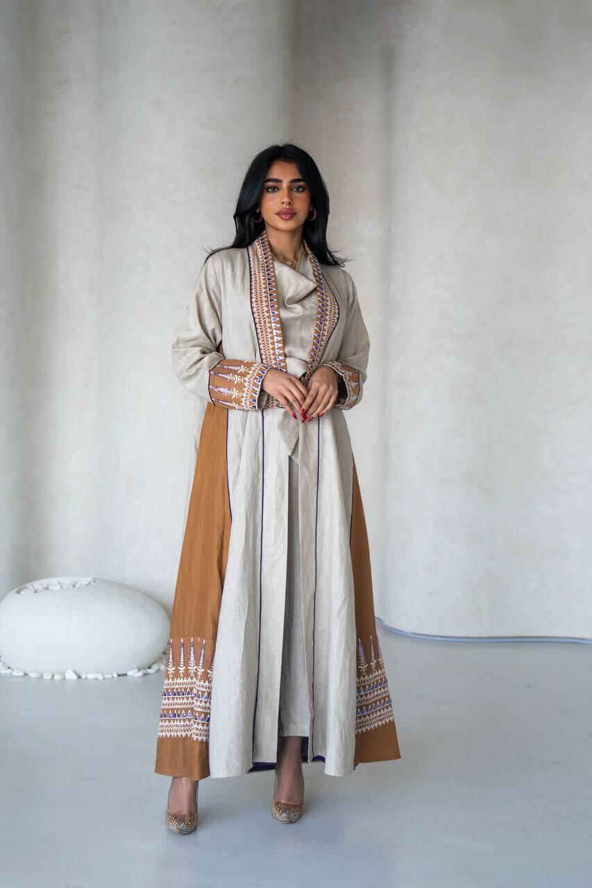 Light beige and camel linen abaya with embroidery