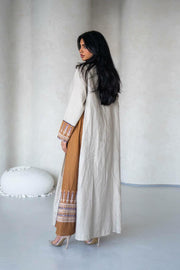 Light beige and camel linen abaya with embroidery