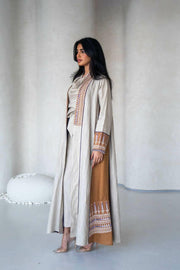 Light beige and camel linen abaya with embroidery