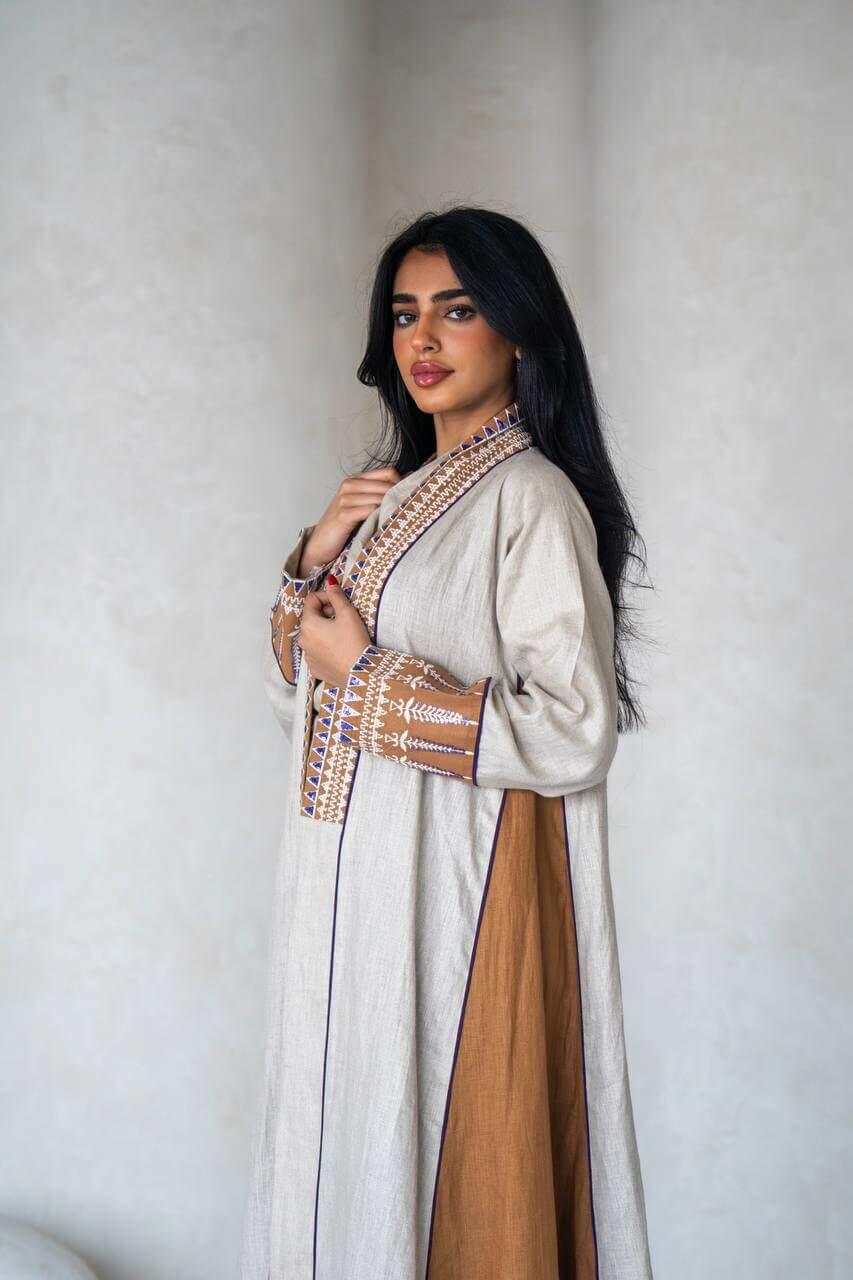 Light beige and camel linen abaya with embroidery