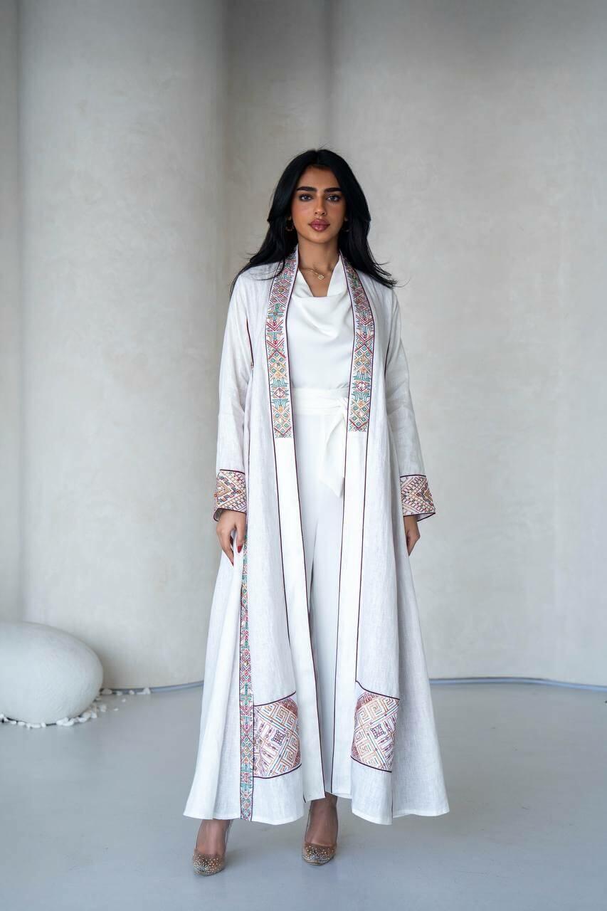 White linen abaya with embroidery