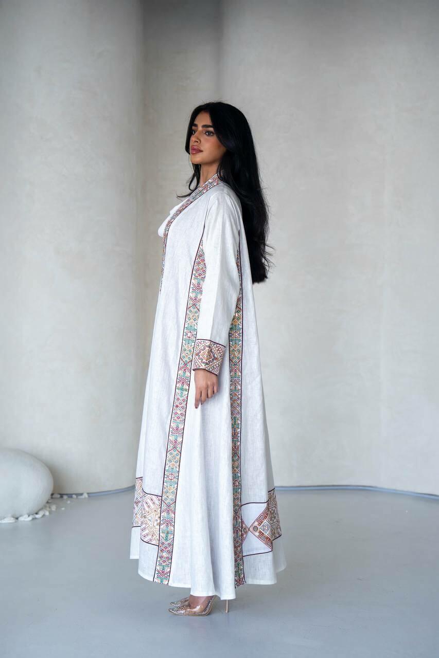 White linen abaya with embroidery