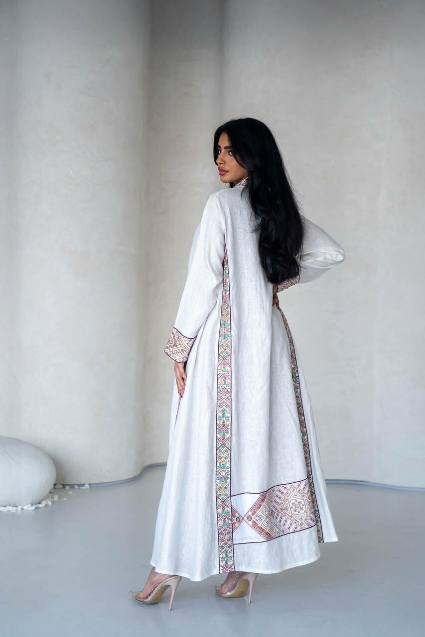 White linen abaya with embroidery