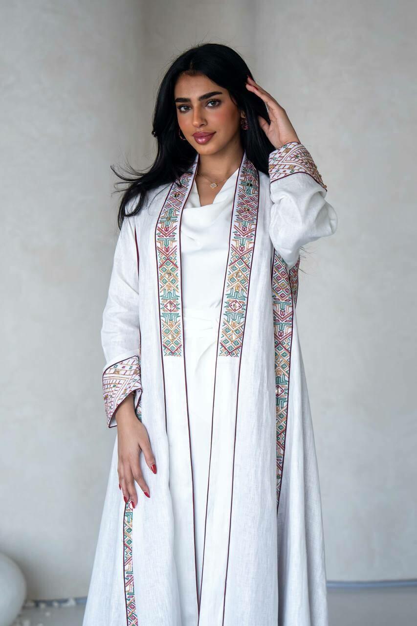 White linen abaya with embroidery