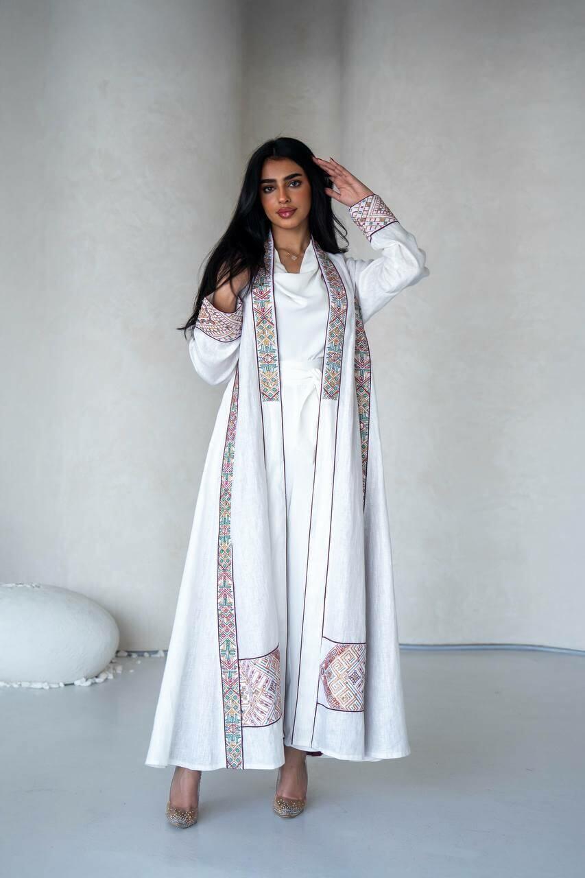 White linen abaya with embroidery