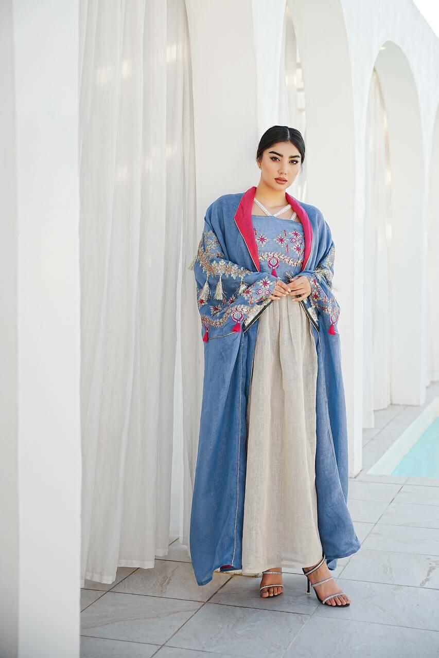 Blue burlap bisht abaya with blue and beige linen dress