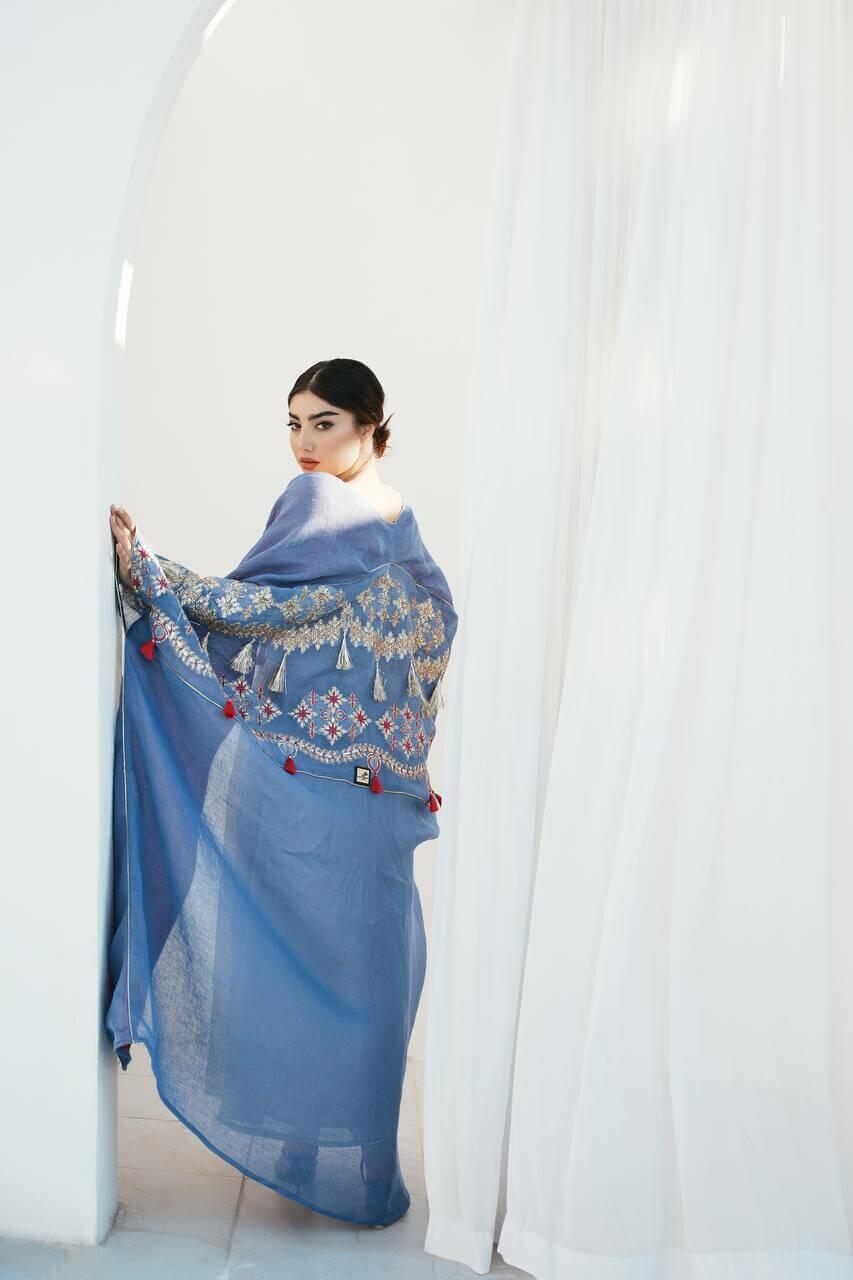 Blue burlap bisht abaya with blue and beige linen dress