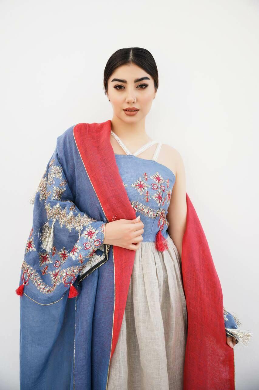 Blue burlap bisht abaya with blue and beige linen dress