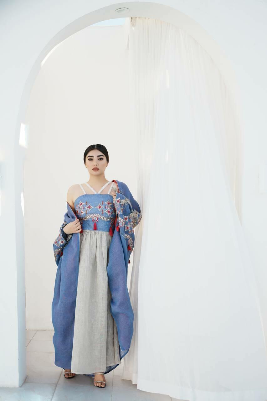 Blue burlap bisht abaya with blue and beige linen dress