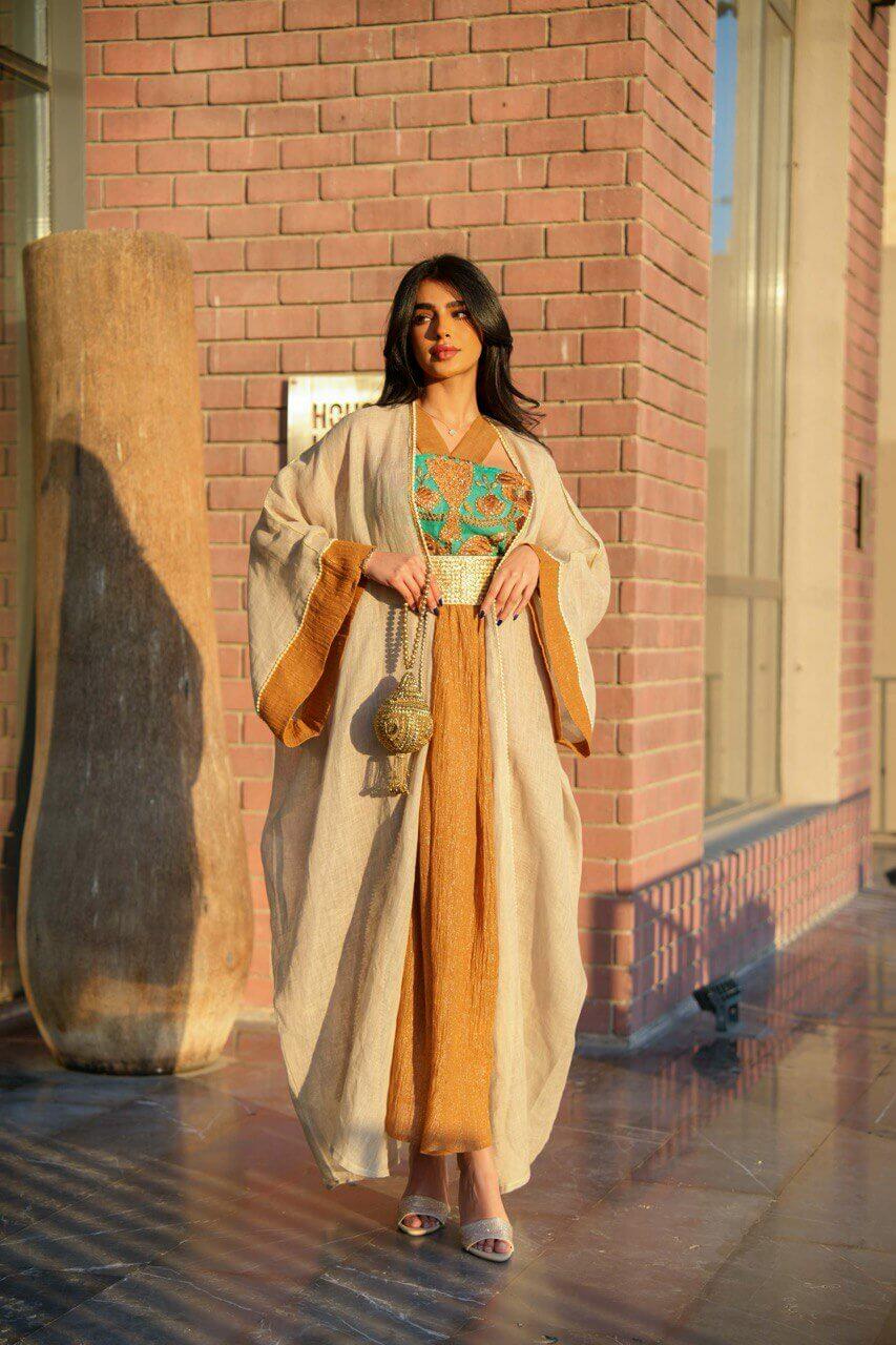 Light beige burlap bisht abaya with camel linen dress