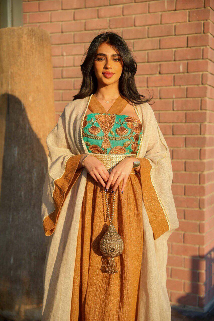 Light beige burlap bisht abaya with camel linen dress