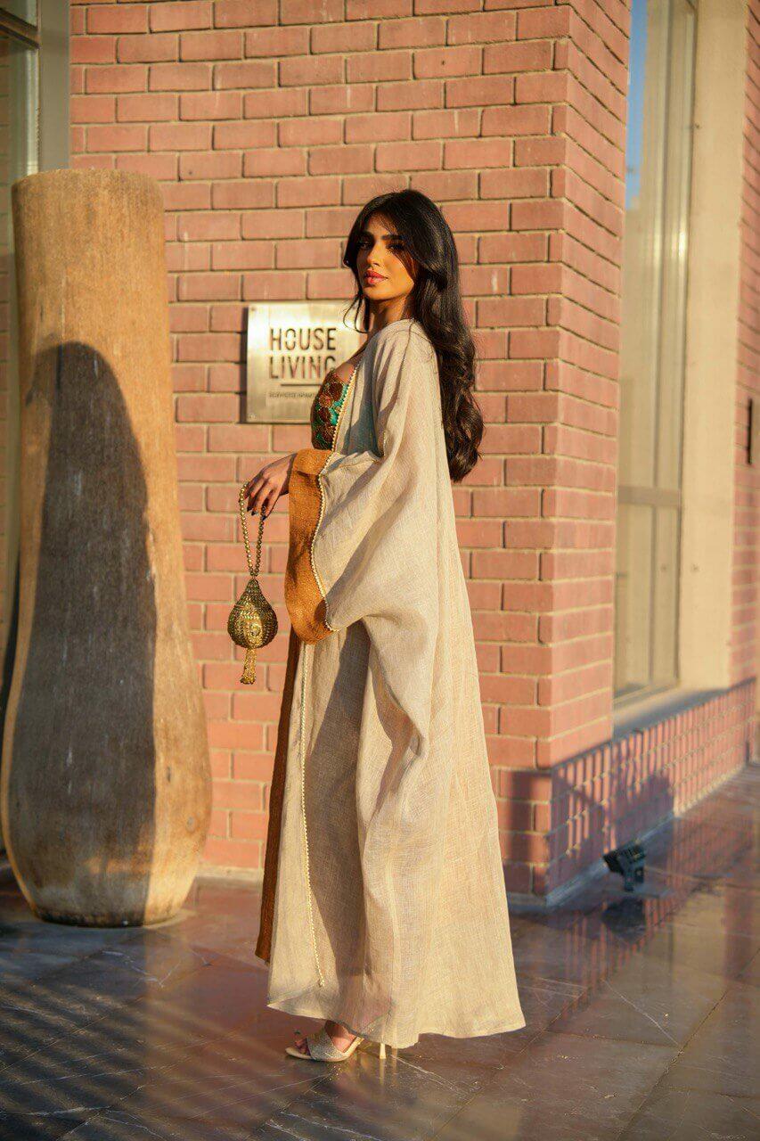 Light beige burlap bisht abaya with camel linen dress