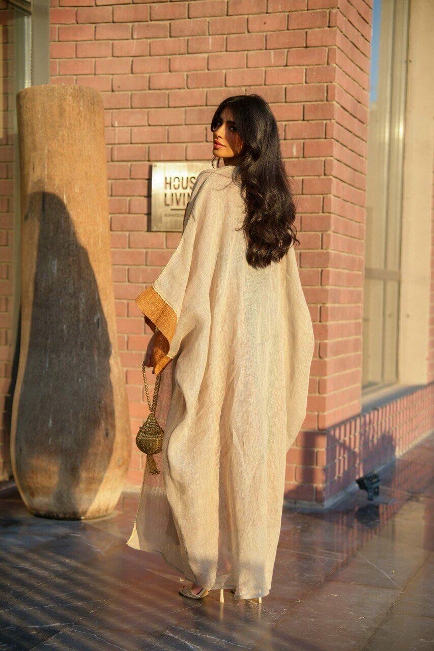 Light beige burlap bisht abaya with camel linen dress