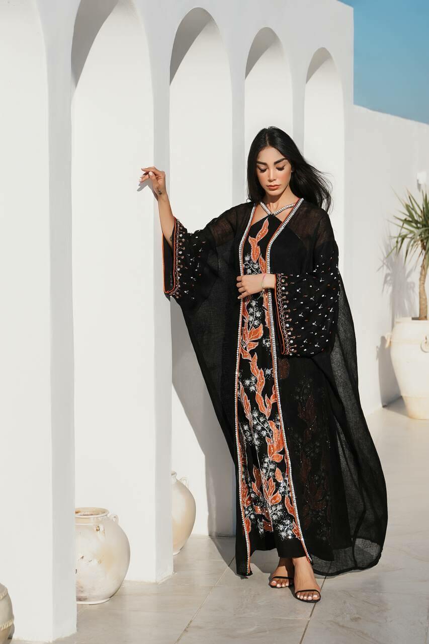 Black burlap bisht abaya with black linen dress