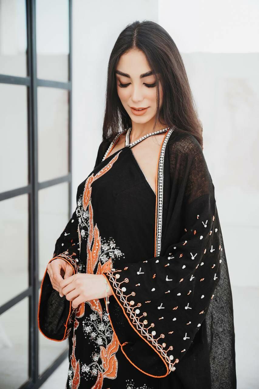 Black burlap bisht abaya with black linen dress