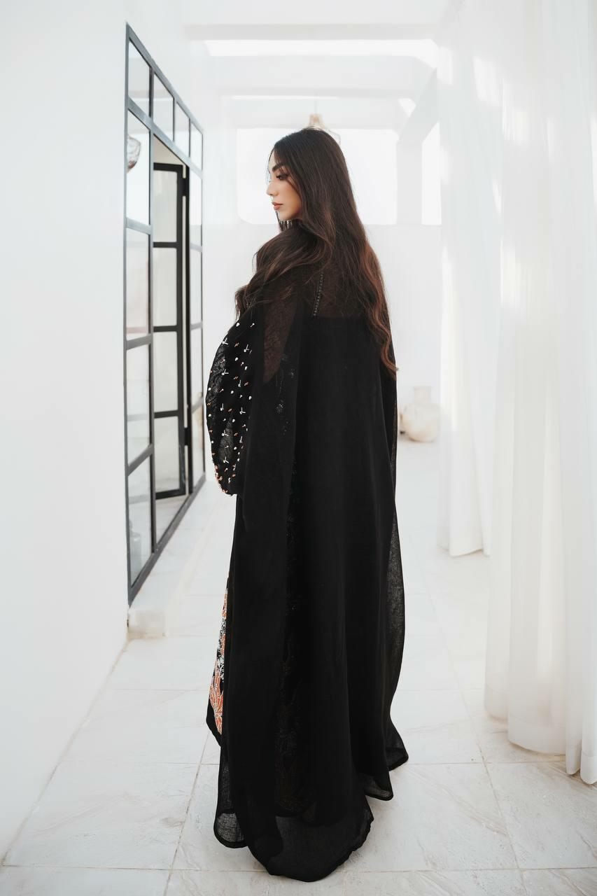 Black burlap bisht abaya with black linen dress