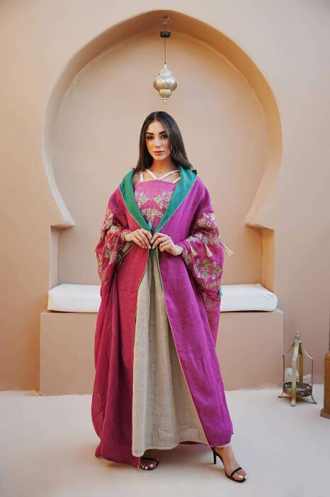 Pink burlap bisht abaya with pink and beige linen dress
