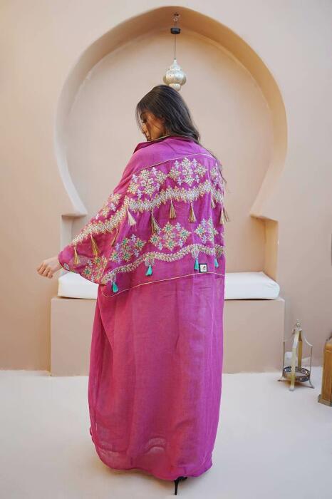 Pink burlap bisht abaya with pink and beige linen dress