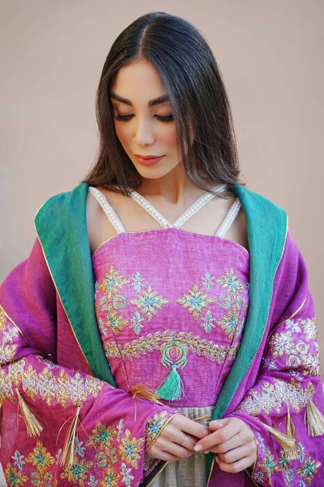 Pink burlap bisht abaya with pink and beige linen dress