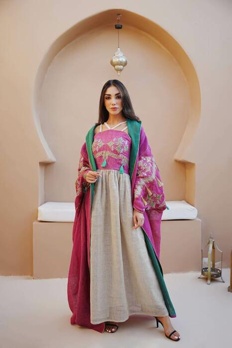 Pink burlap bisht abaya with pink and beige linen dress