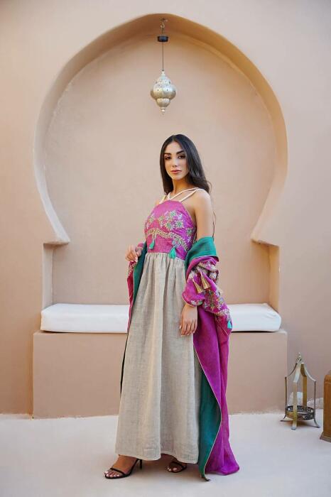 Pink burlap bisht abaya with pink and beige linen dress