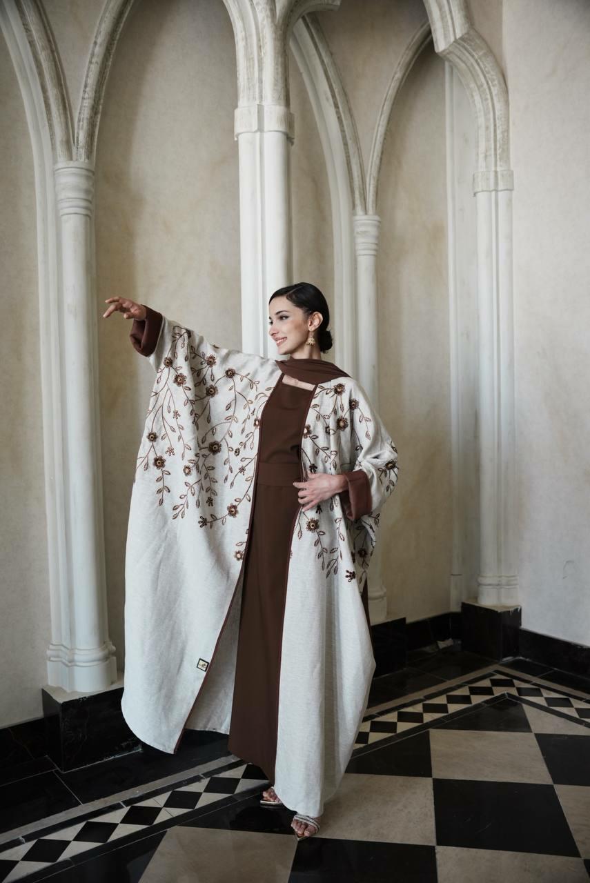 Beige linen bisht abaya with brown chiffon lining and elegant brown embroidery