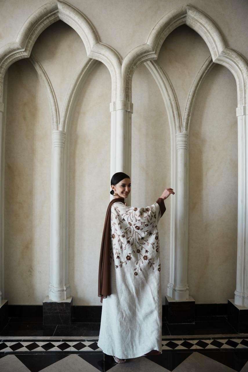 Beige linen bisht abaya with brown chiffon lining and elegant brown embroidery