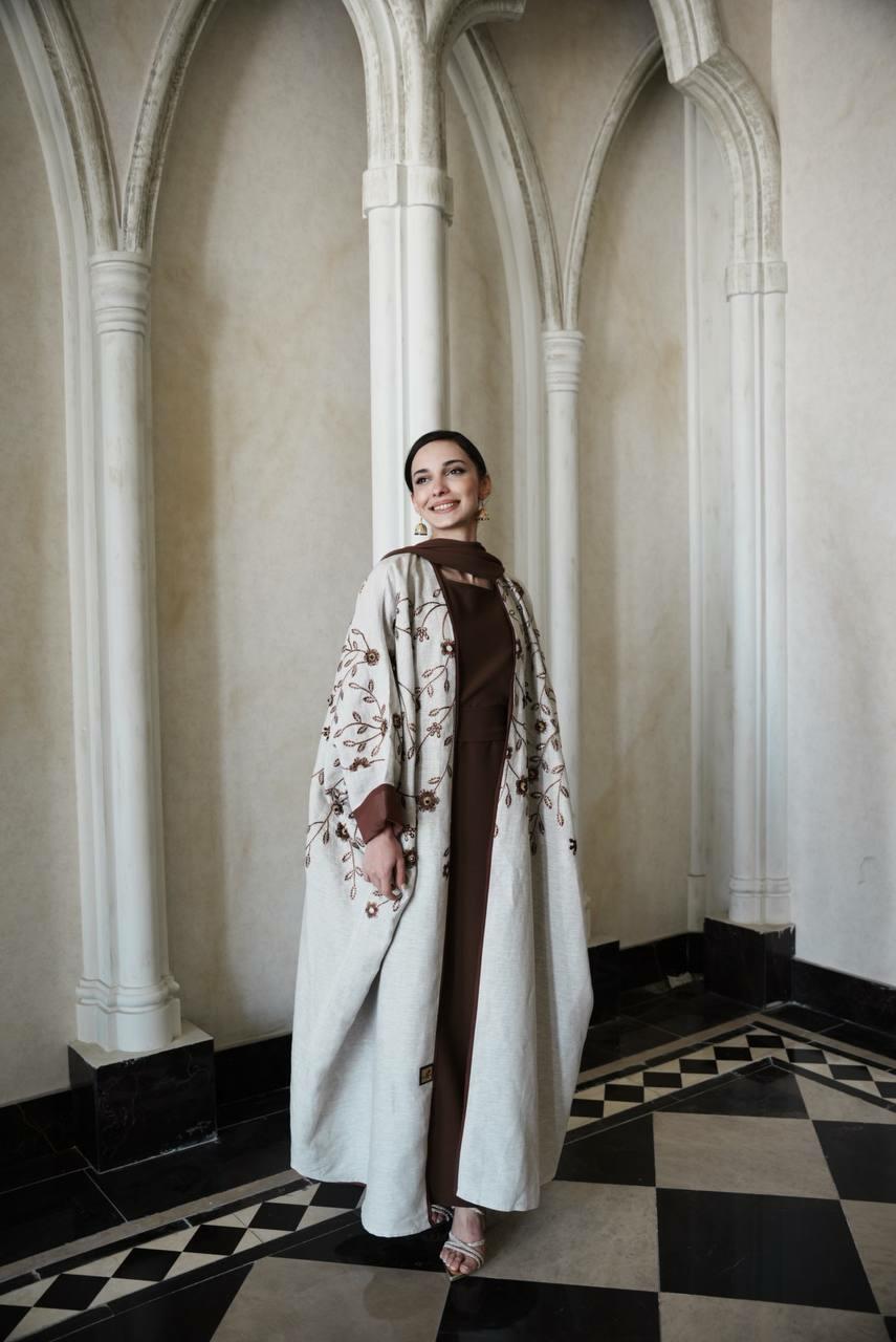 Beige linen bisht abaya with brown chiffon lining and elegant brown embroidery