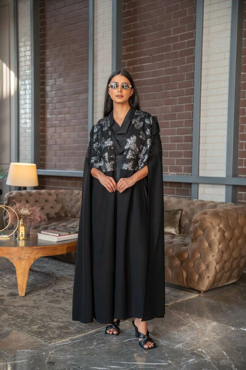 Black crepe abaya with elegant embroidery and a luxurious handmade sash