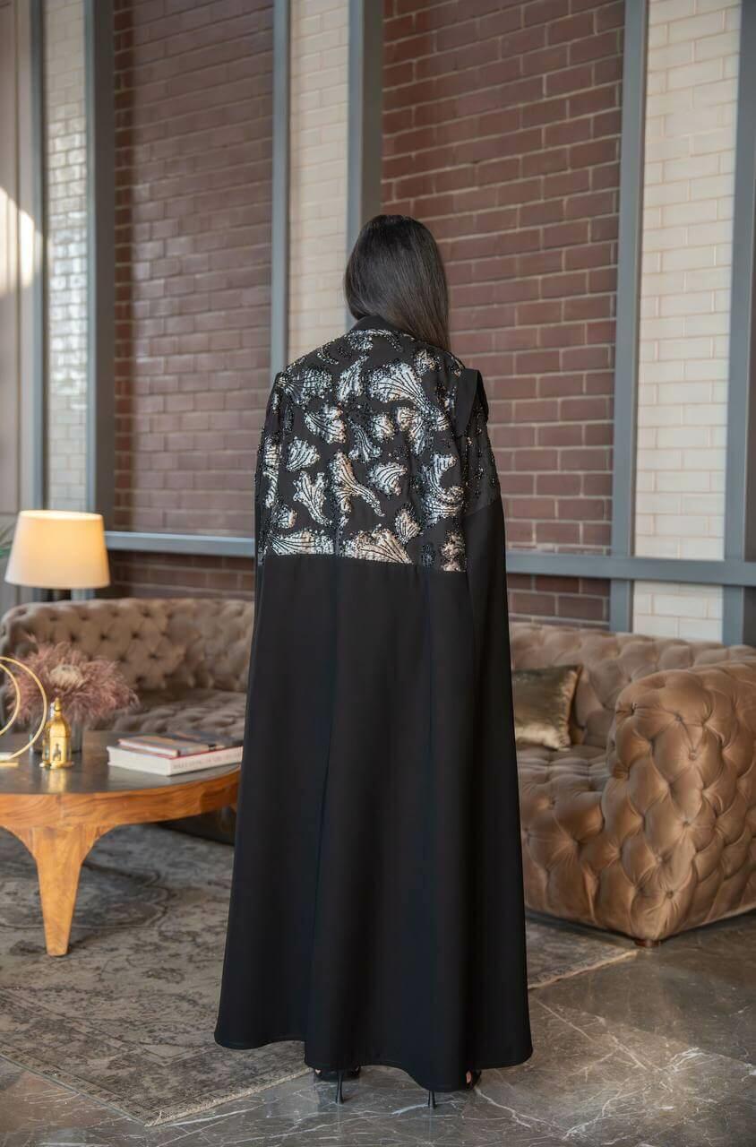 Black crepe abaya with elegant embroidery and a luxurious handmade sash