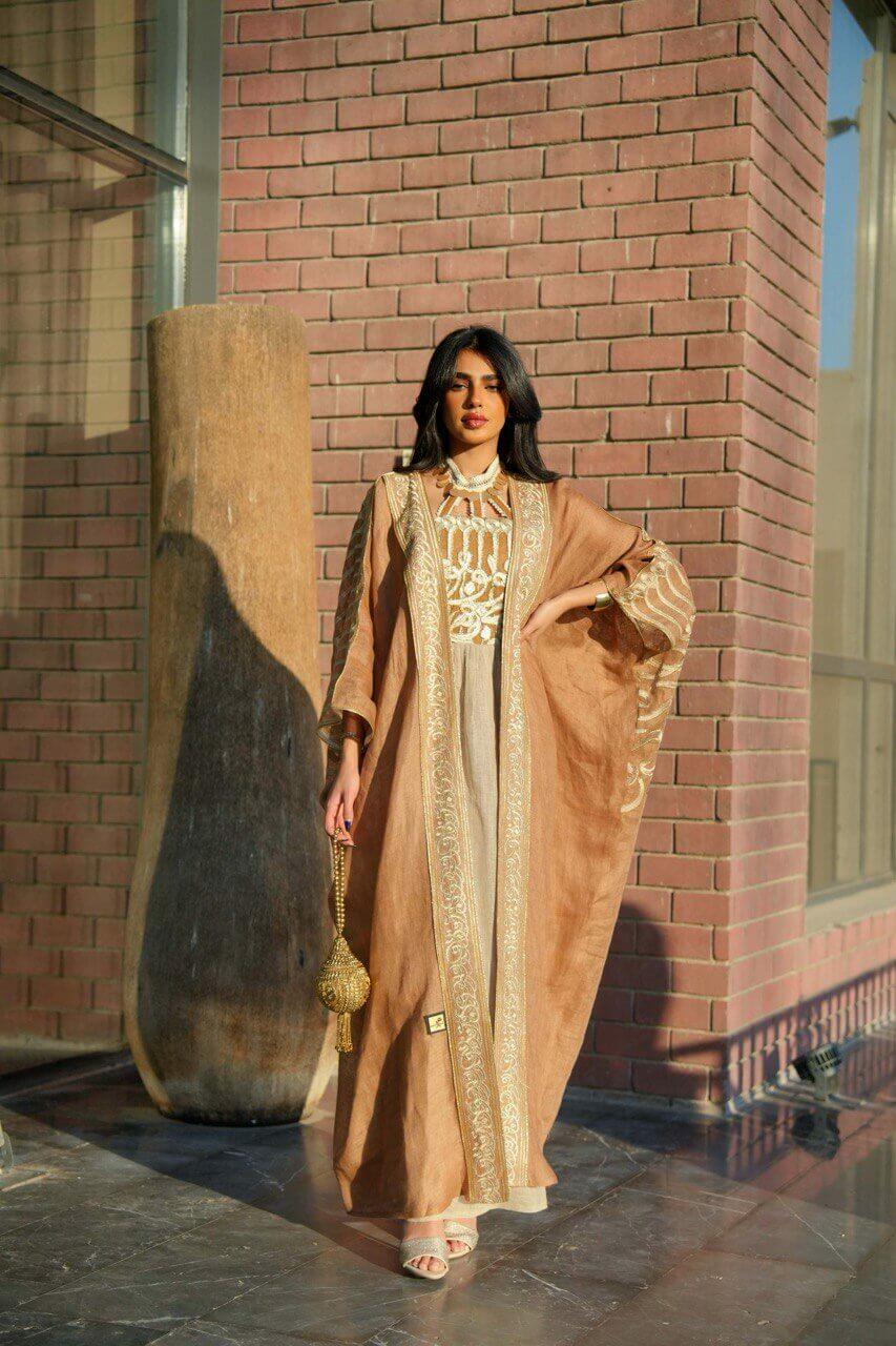 Camel bisht abaya with gray dress made of camel linen burlap with letter embroidery