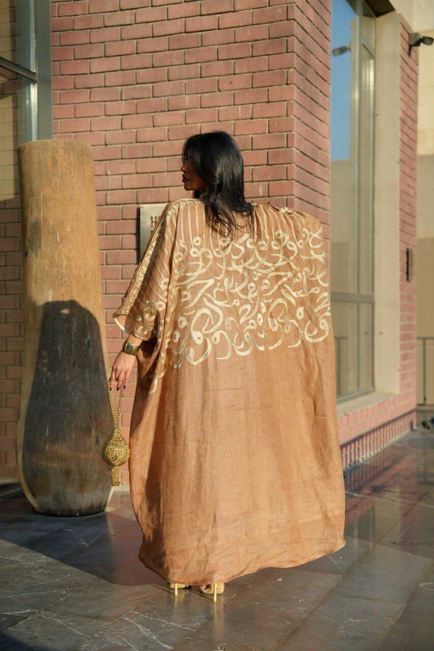 Camel bisht abaya with gray dress made of camel linen burlap with letter embroidery