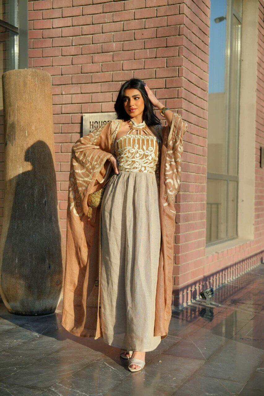 Camel bisht abaya with gray dress made of camel linen burlap with letter embroidery