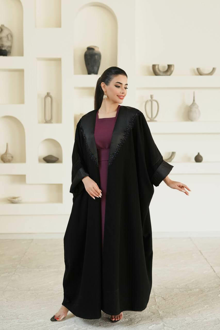 Black crepe with satin abaya with hand embroidery