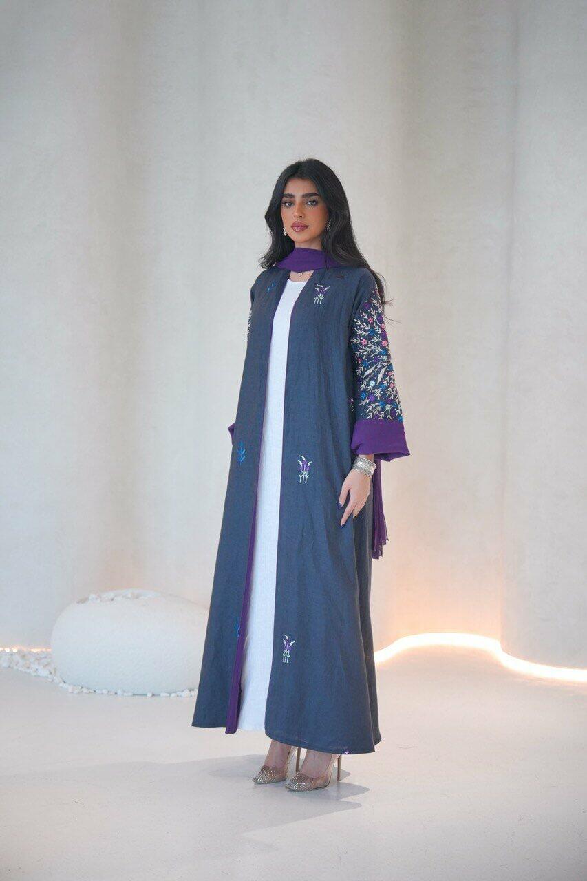 Navy linen abaya with embroidery