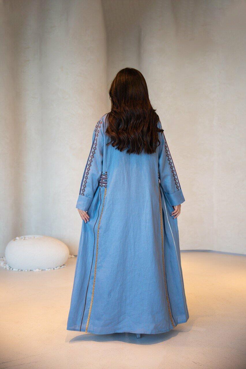 Sky blue linen abaya with embroidery