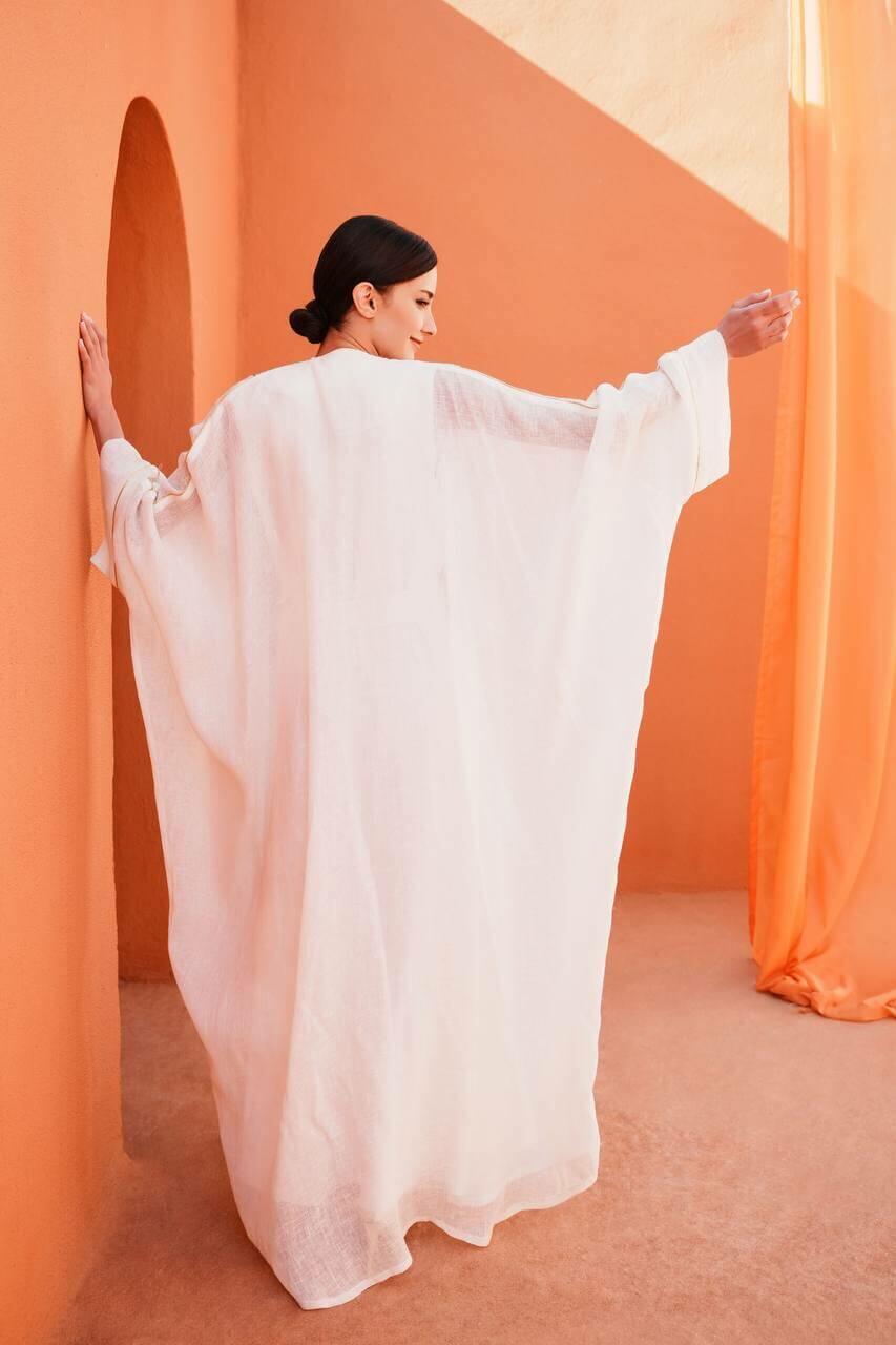 White burlap bisht abaya with linen dress color with a handmade sash