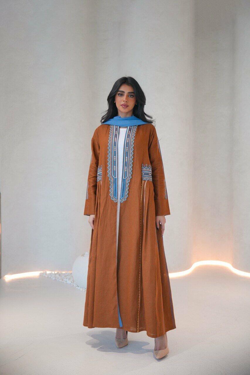 Camel linen abaya with sky blue embroidery