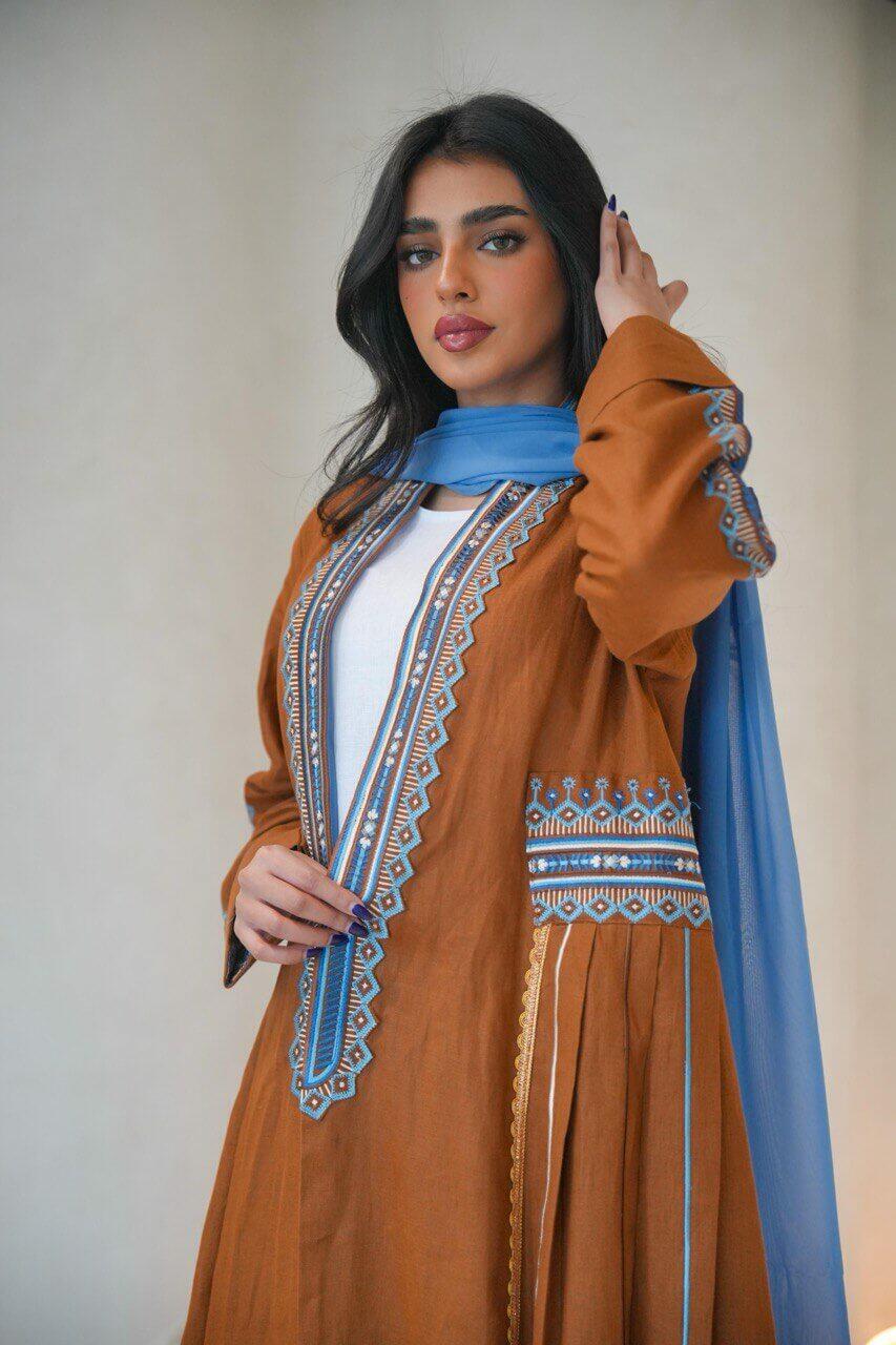 Camel linen abaya with sky blue embroidery