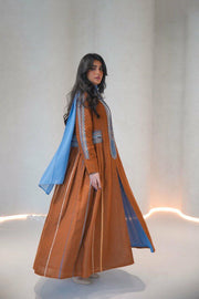 Camel linen abaya with sky blue embroidery