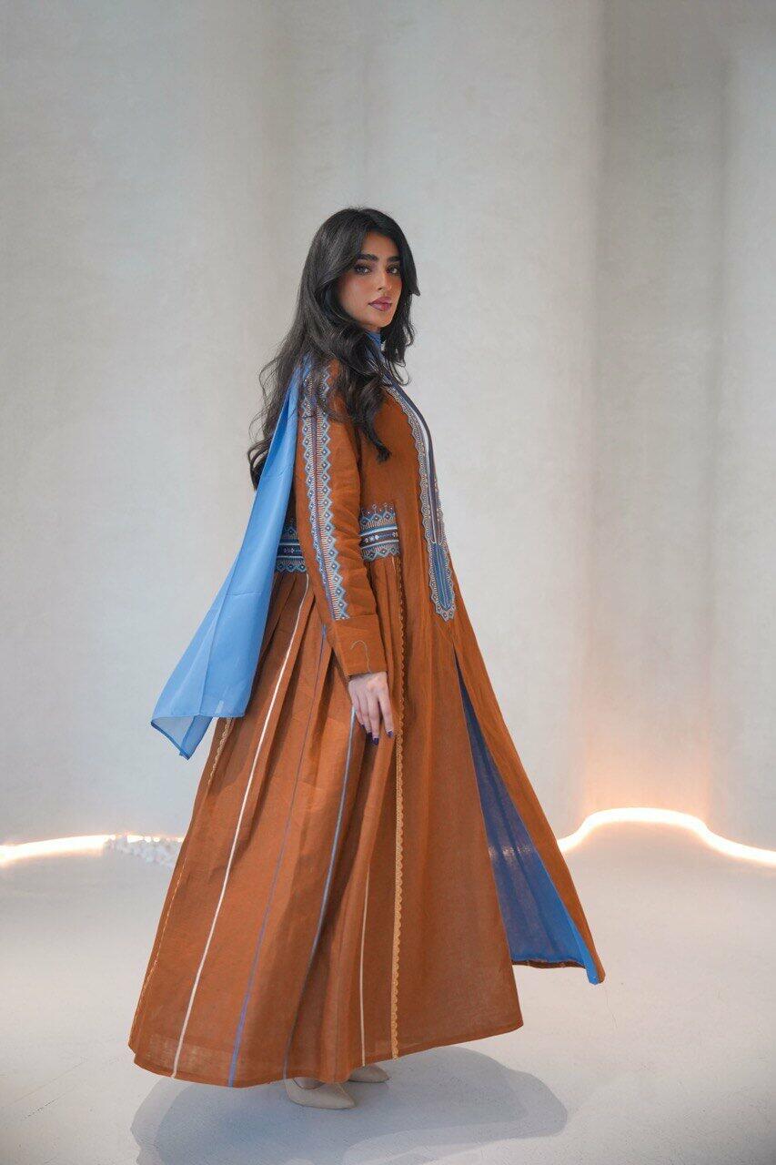 Camel linen abaya with sky blue embroidery