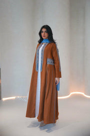 Camel linen abaya with sky blue embroidery