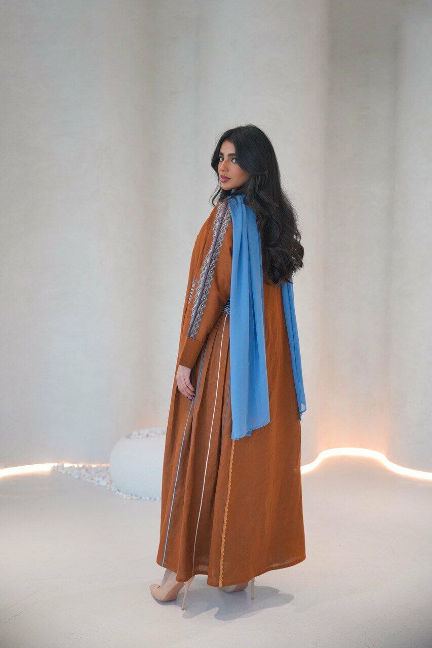 Camel linen abaya with sky blue embroidery