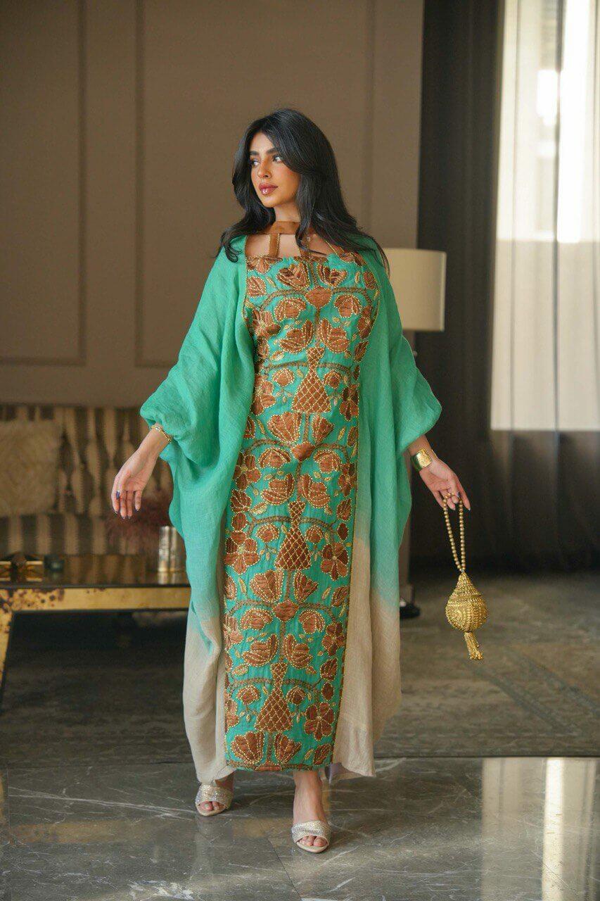 Green burlap daraa with with embroidery-free size