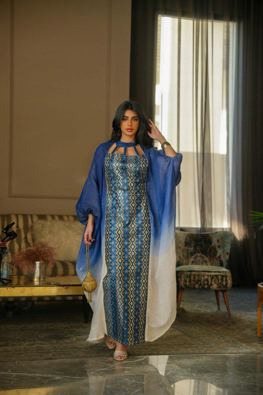 Blue burlap daraa with with embroidery-free size