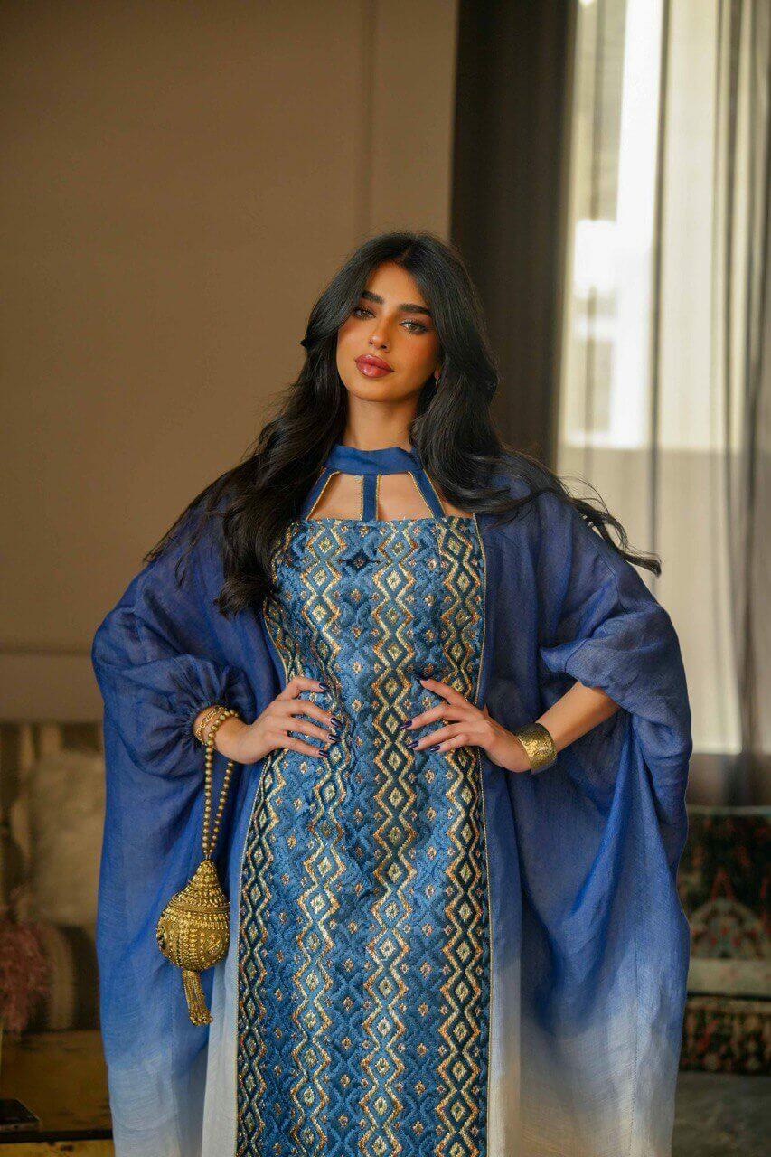 Blue burlap daraa with with embroidery-free size