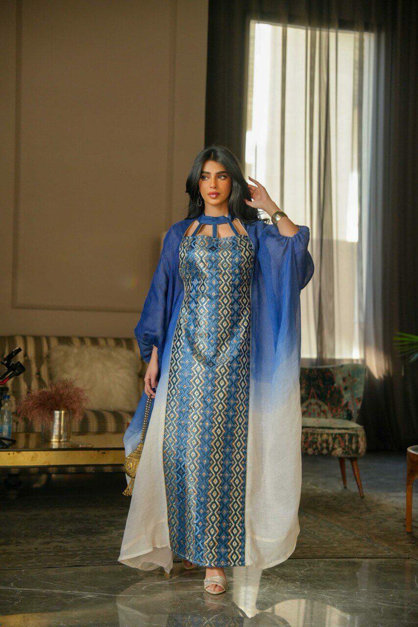 Blue burlap daraa with with embroidery-free size