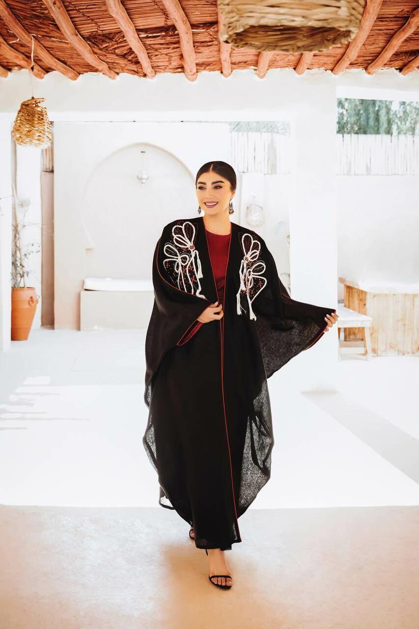 Black burlap abaya with embroidery