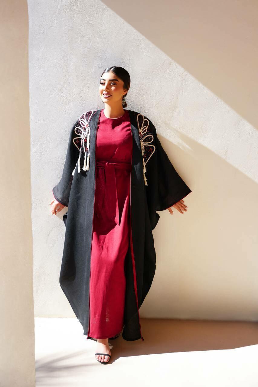 Black burlap abaya with embroidery